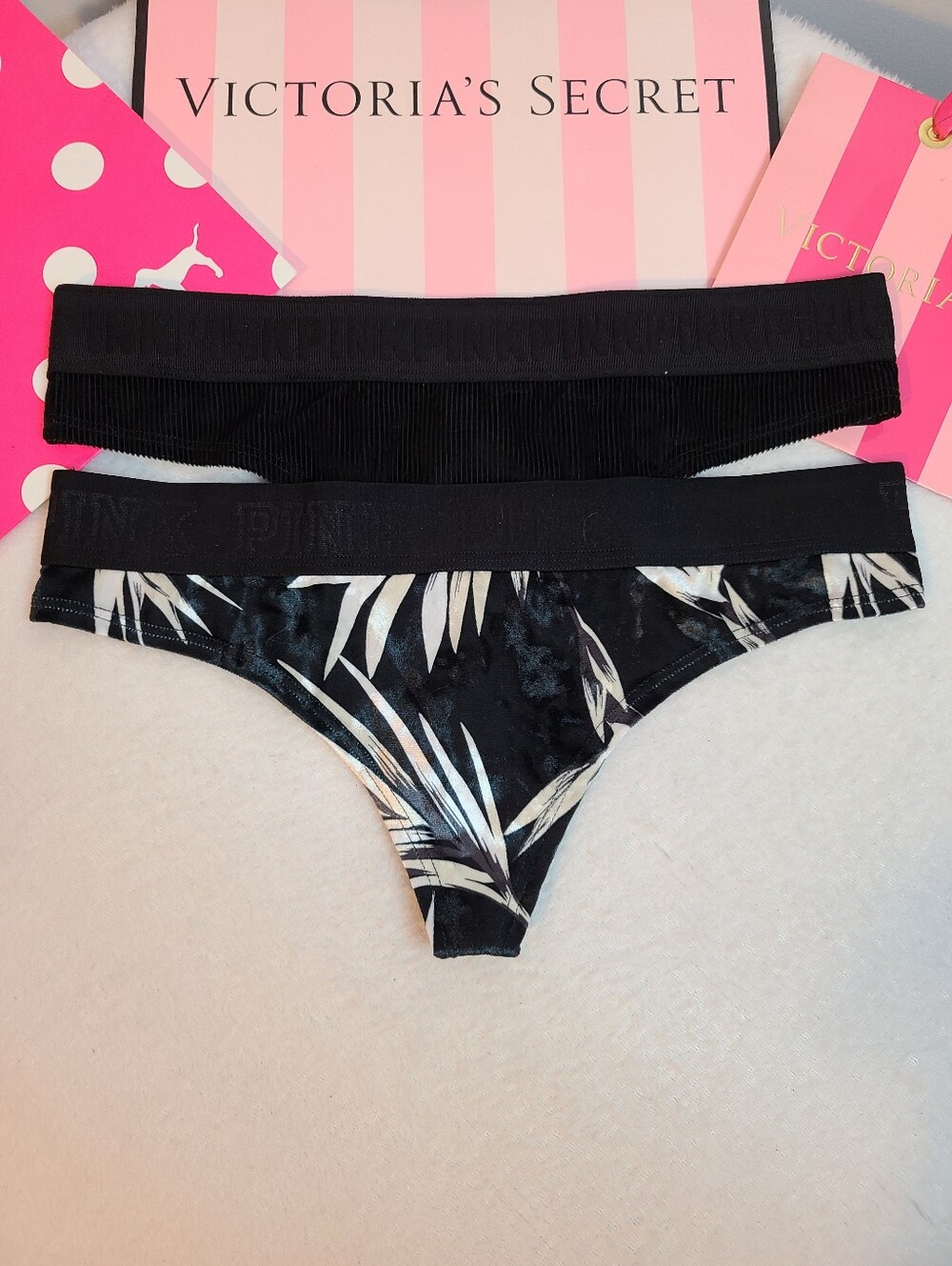 Retired VS PINK 2pk Soft Velvet Logo Band Full Cut Thong Panties Size M